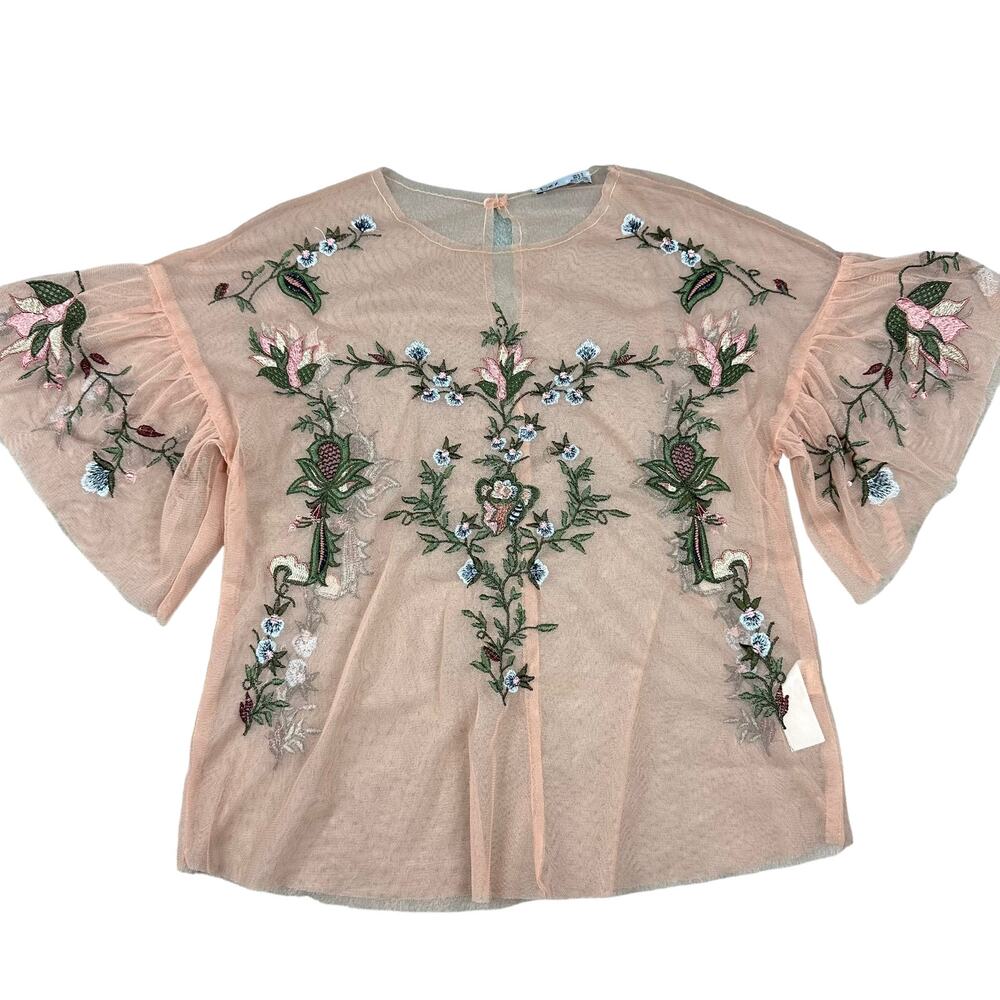 Dex Embroidered Mesh Blouse Womens Small Peach Excellent‎ Floral Ruffle Sleeve